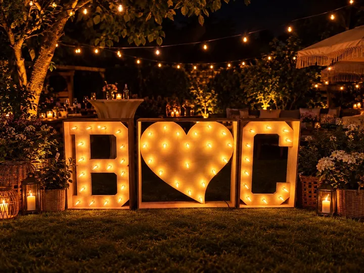 Lichtletters met een hart op een tuinfeest
